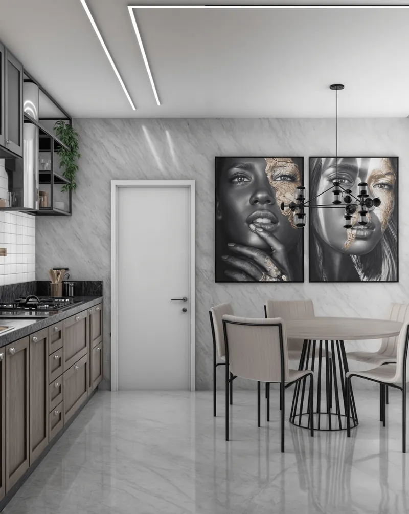 Cozinha com marcenaria amadeirada integrada à sala de jantar com quadros em preto e branco