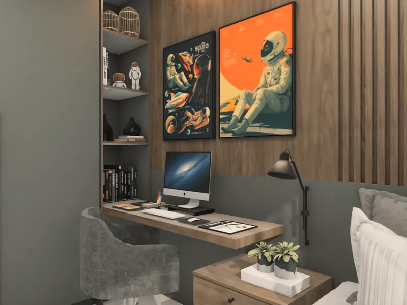 Home office com bancada em madeira, prateleiras e quadros emoldurados