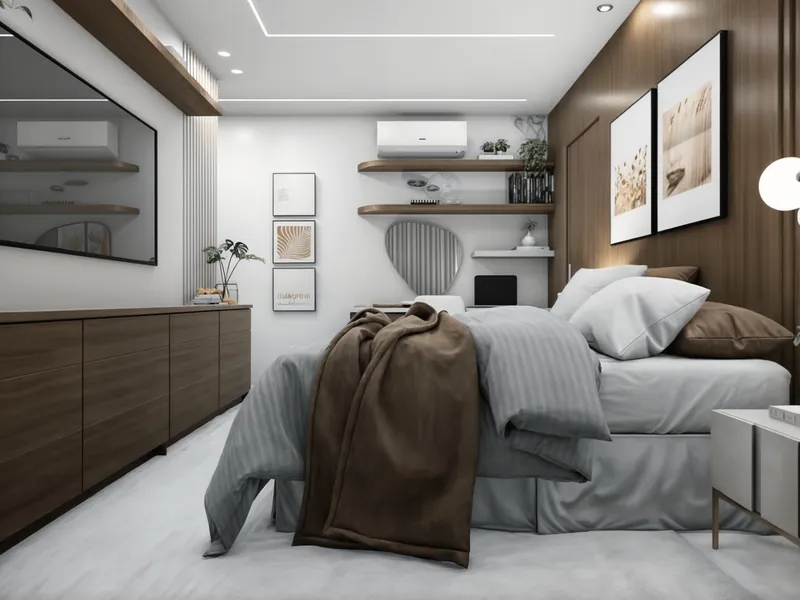Quarto com armário planejado em madeira escura, prateleiras e quadros