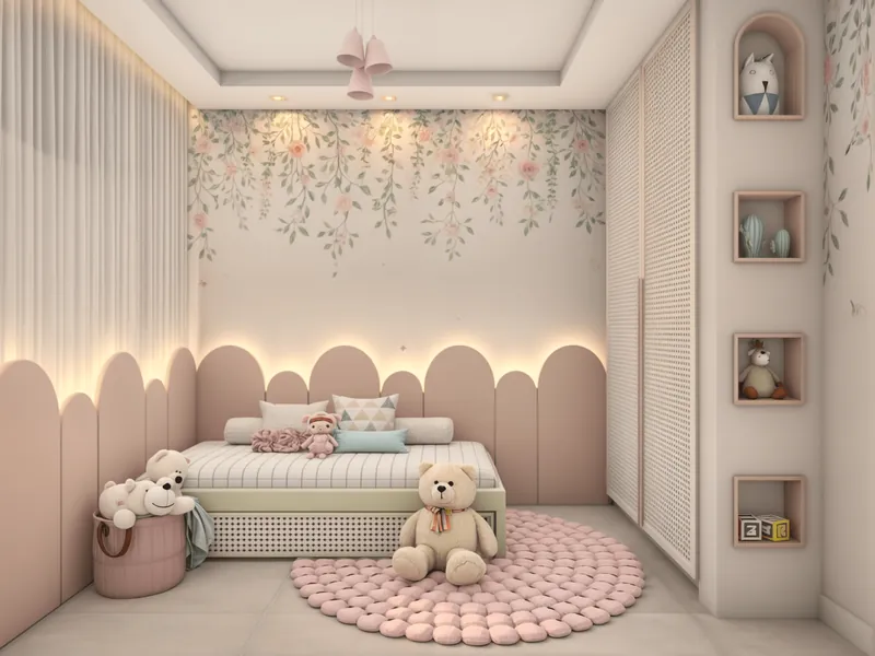 Quarto infantil rosa com arcos acolchoados, nichos decorativos e papel de parede floral