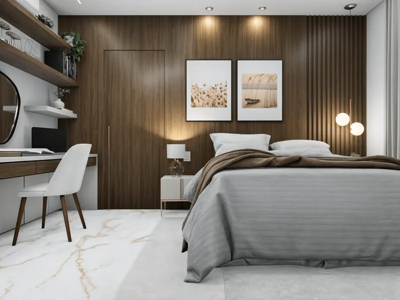 Suíte de casal com painel de madeira escura, bancada de estudos e porcelanato marmorizado