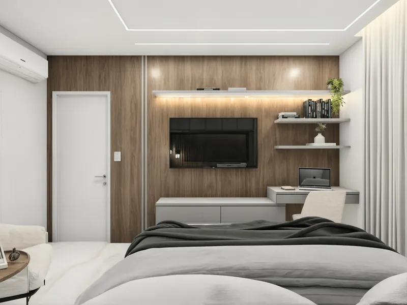 Suíte de casal com painel ripado em madeira, home office embutido e iluminação linear